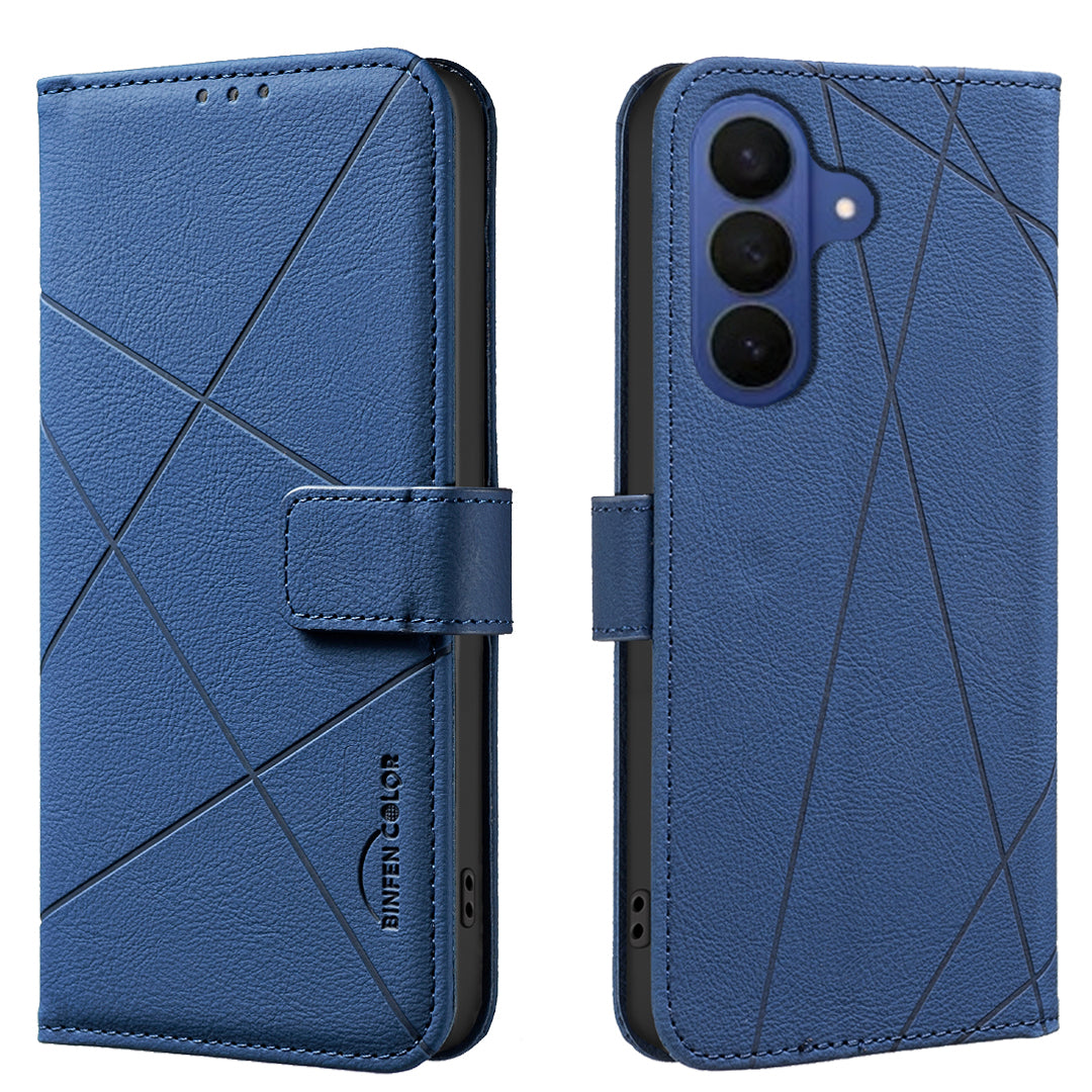 For Samsung Galaxy A57 5G Case BINFEN COLOR BF35 Geometry Imprinted Leather Phone Cover RFID Blocking Wallet Stand - Blue