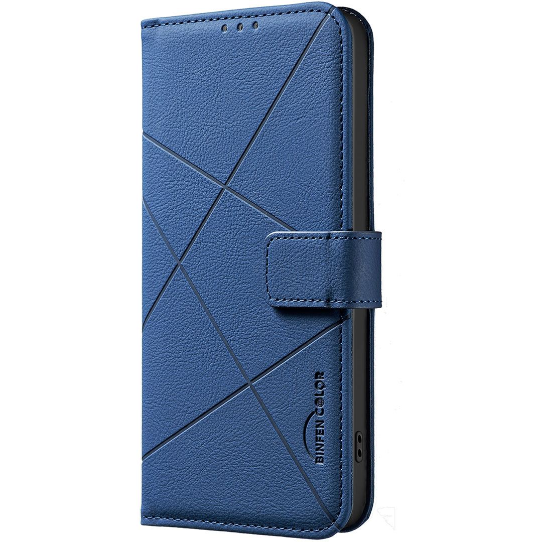 For Samsung Galaxy A57 5G Case BINFEN COLOR BF35 Geometry Imprinted Leather Phone Cover RFID Blocking Wallet Stand - Blue