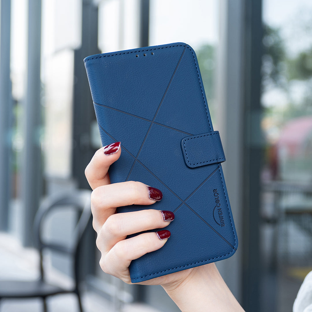 For Samsung Galaxy A57 5G Case BINFEN COLOR BF35 Geometry Imprinted Leather Phone Cover RFID Blocking Wallet Stand - Blue