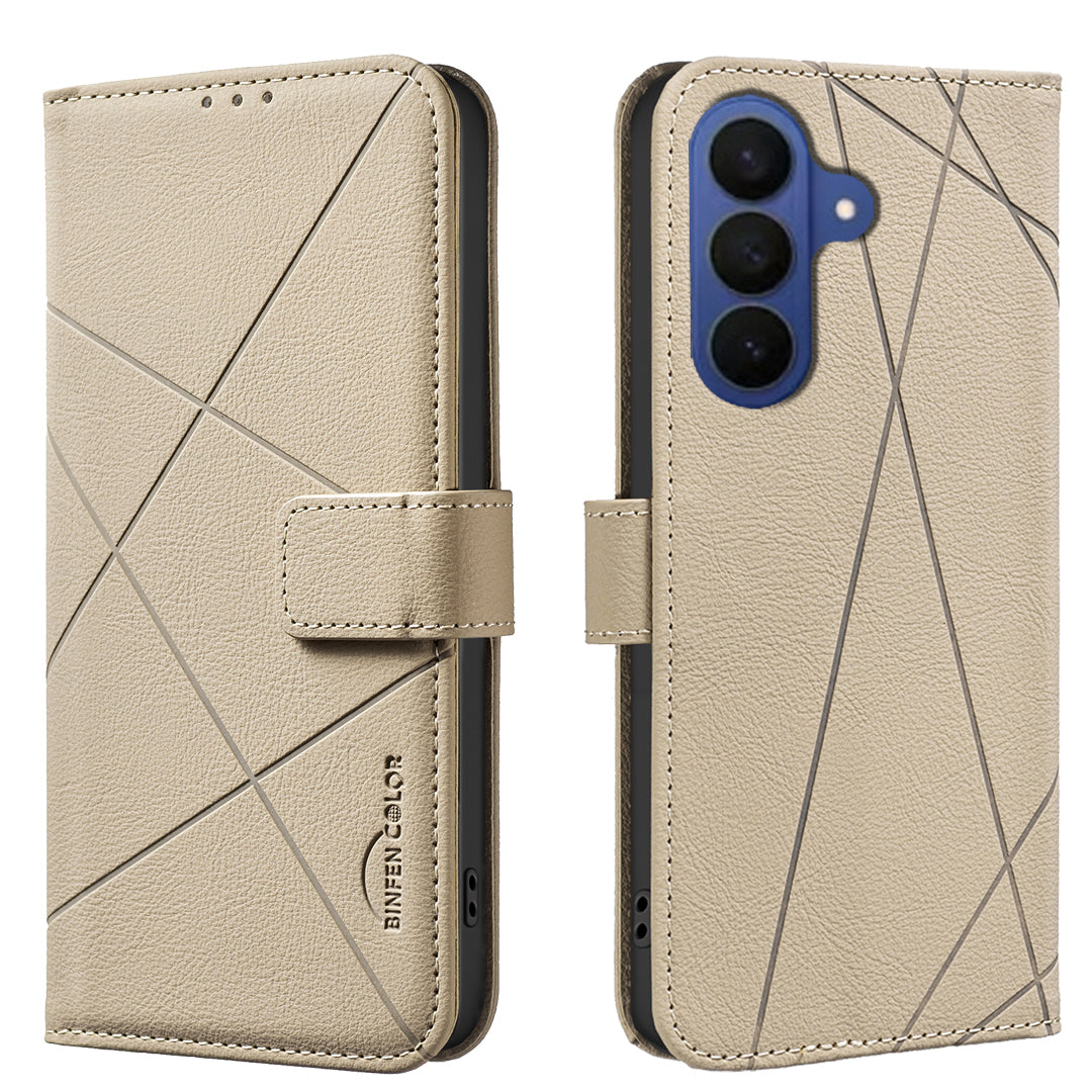 For Samsung Galaxy A57 5G Case BINFEN COLOR BF35 Geometry Imprinted Leather Phone Cover RFID Blocking Wallet Stand - Beige