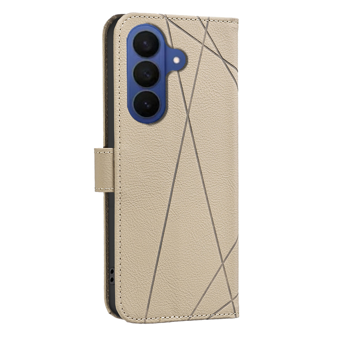 For Samsung Galaxy A57 5G Case BINFEN COLOR BF35 Geometry Imprinted Leather Phone Cover RFID Blocking Wallet Stand - Beige