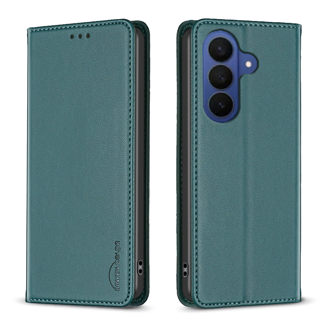 For Samsung Galaxy A57 5G Leather Case BINFEN COLOR BF18 Phone Stand Cover with Card Slots - Green