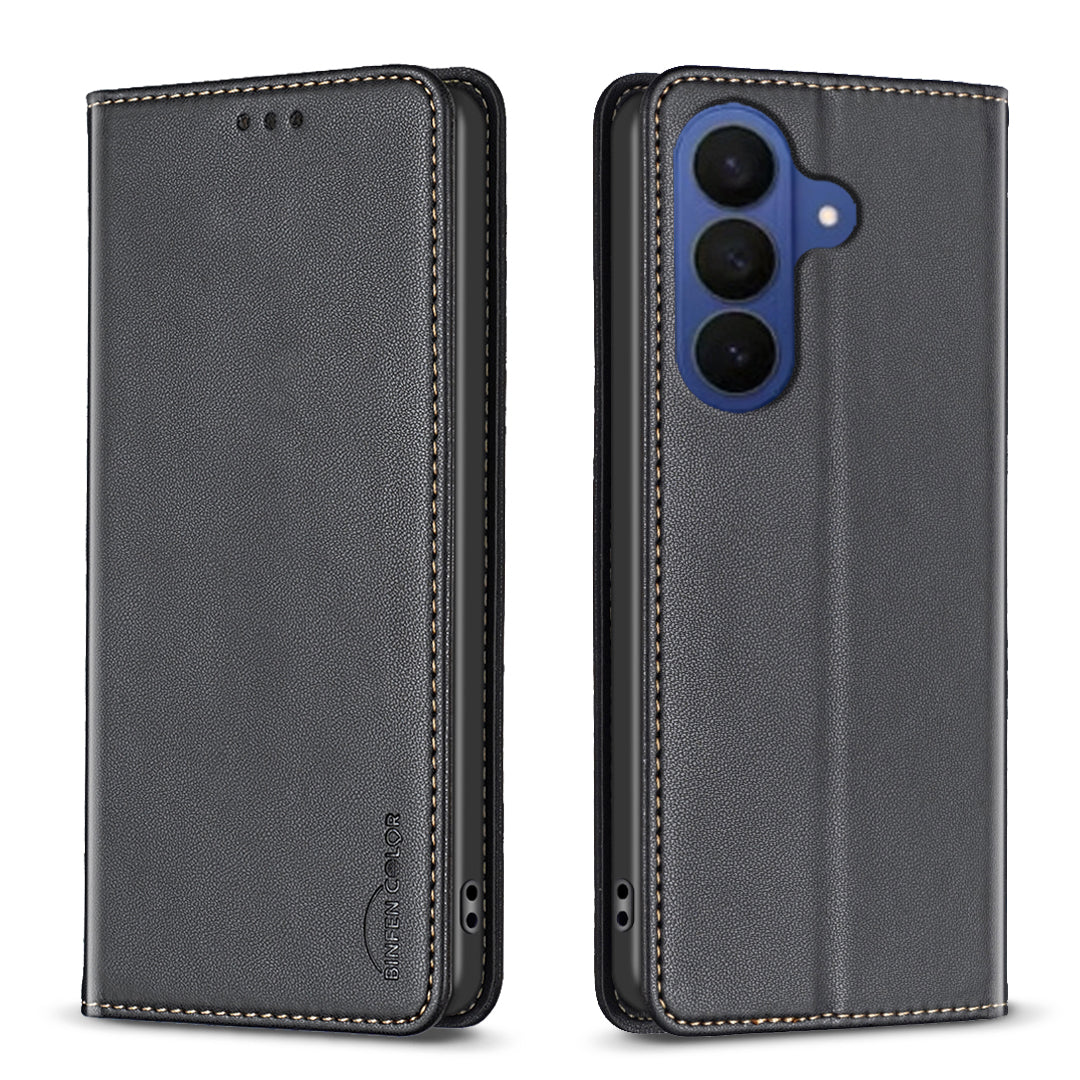 For Samsung Galaxy A57 5G Leather Case BINFEN COLOR BF18 Phone Stand Cover with Card Slots - Black