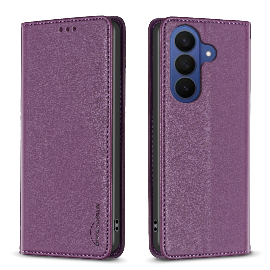 For Samsung Galaxy A57 5G Leather Case BINFEN COLOR BF18 Phone Stand Cover with Card Slots - Dark Purple