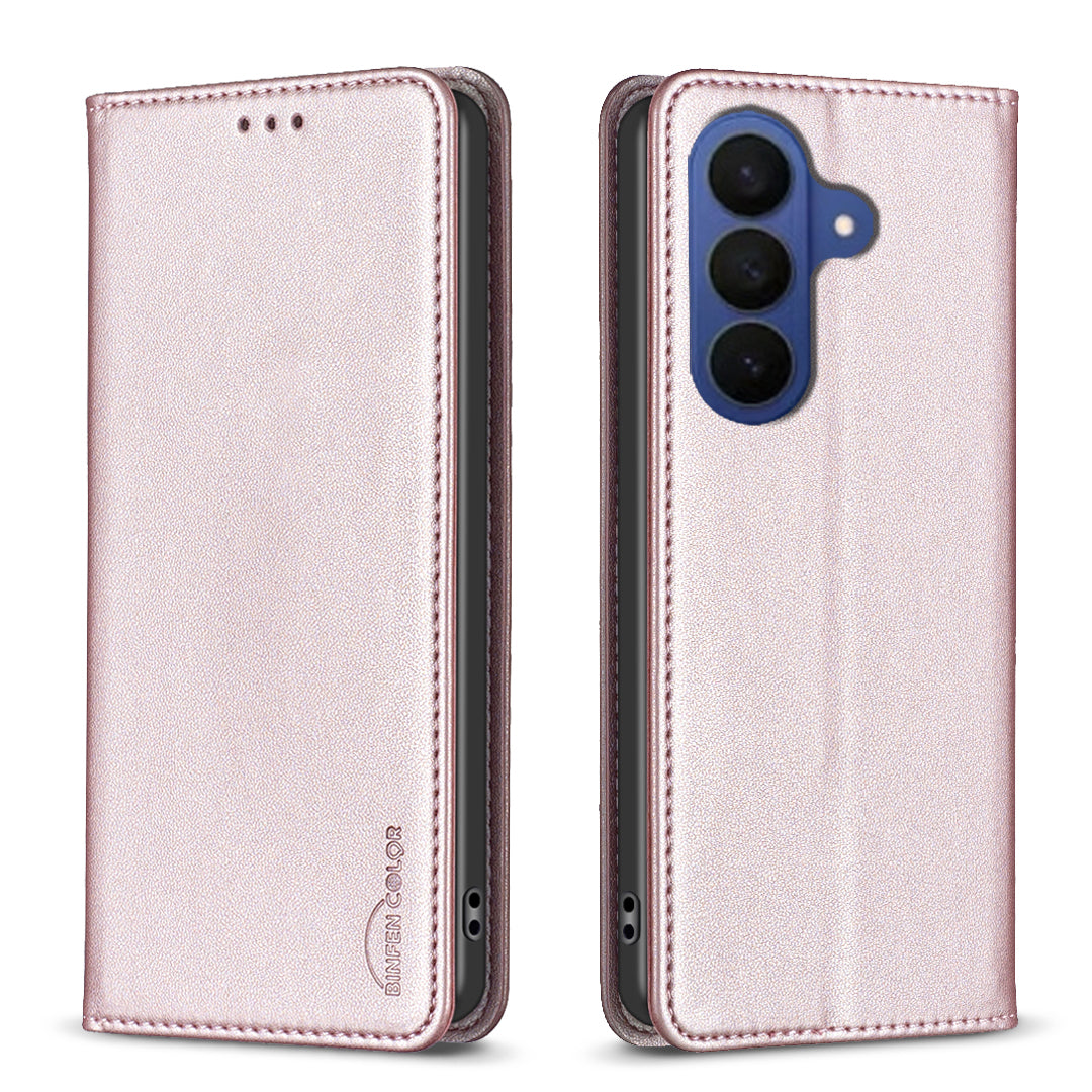 For Samsung Galaxy A57 5G Leather Case BINFEN COLOR BF18 Phone Stand Cover with Card Slots - Rose Gold