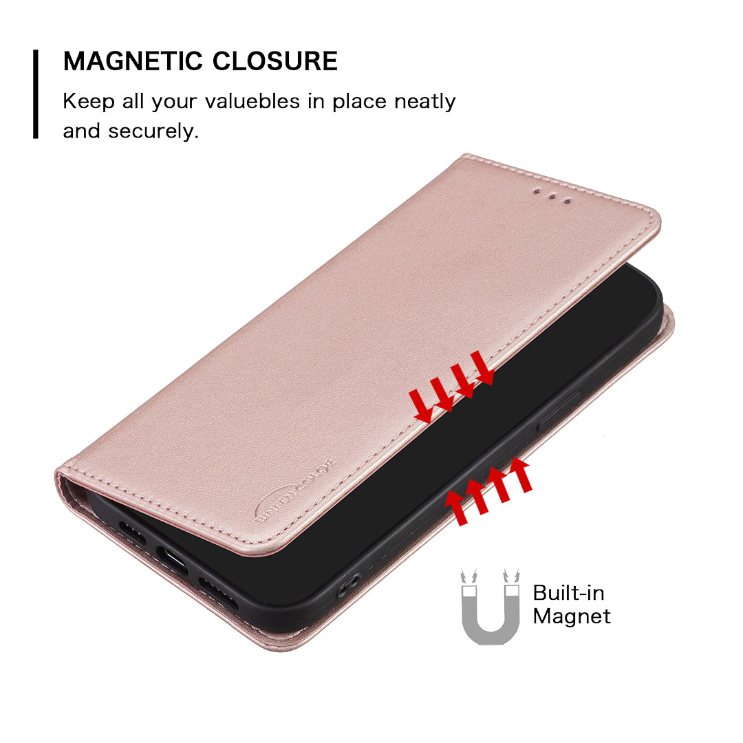 For Samsung Galaxy A57 5G Leather Case BINFEN COLOR BF18 Phone Stand Cover with Card Slots - Rose Gold