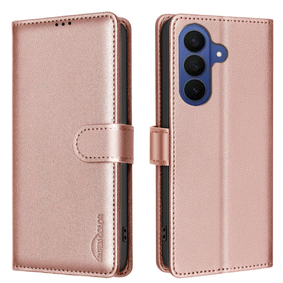 For Samsung Galaxy A57 5G Leather Case BINFEN COLOR BF32 Wallet RFID Blocking Phone Cover - Rose Gold