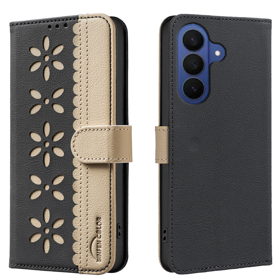 For Samsung Galaxy A57 5G Leather Case BINFEN COLOR BF36 Floral Pattern Phone Cover RFID Blocking Wallet Stand - Black