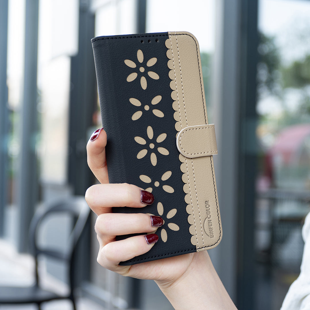 For Samsung Galaxy A57 5G Leather Case BINFEN COLOR BF36 Floral Pattern Phone Cover RFID Blocking Wallet Stand - Black