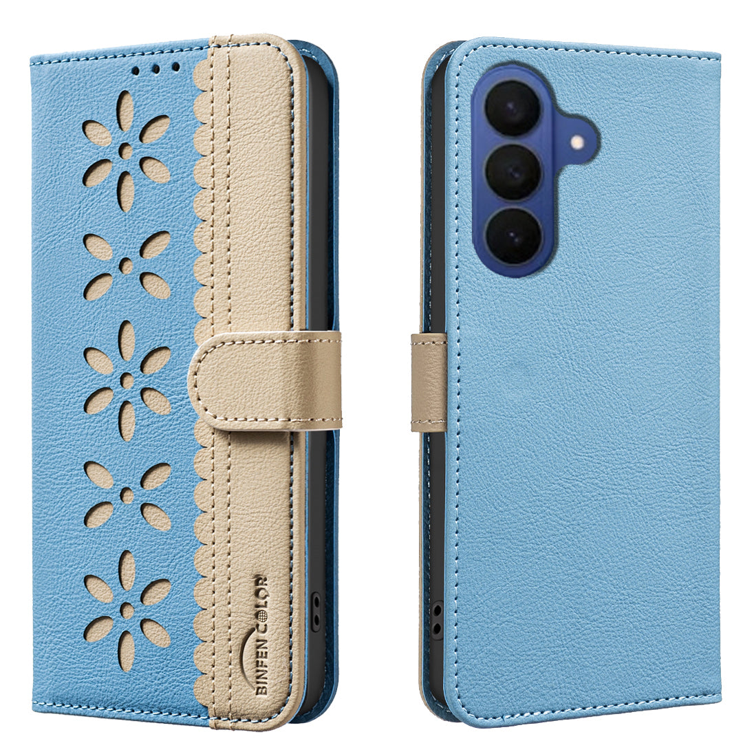 For Samsung Galaxy A57 5G Leather Case BINFEN COLOR BF36 Floral Pattern Phone Cover RFID Blocking Wallet Stand - Baby Blue