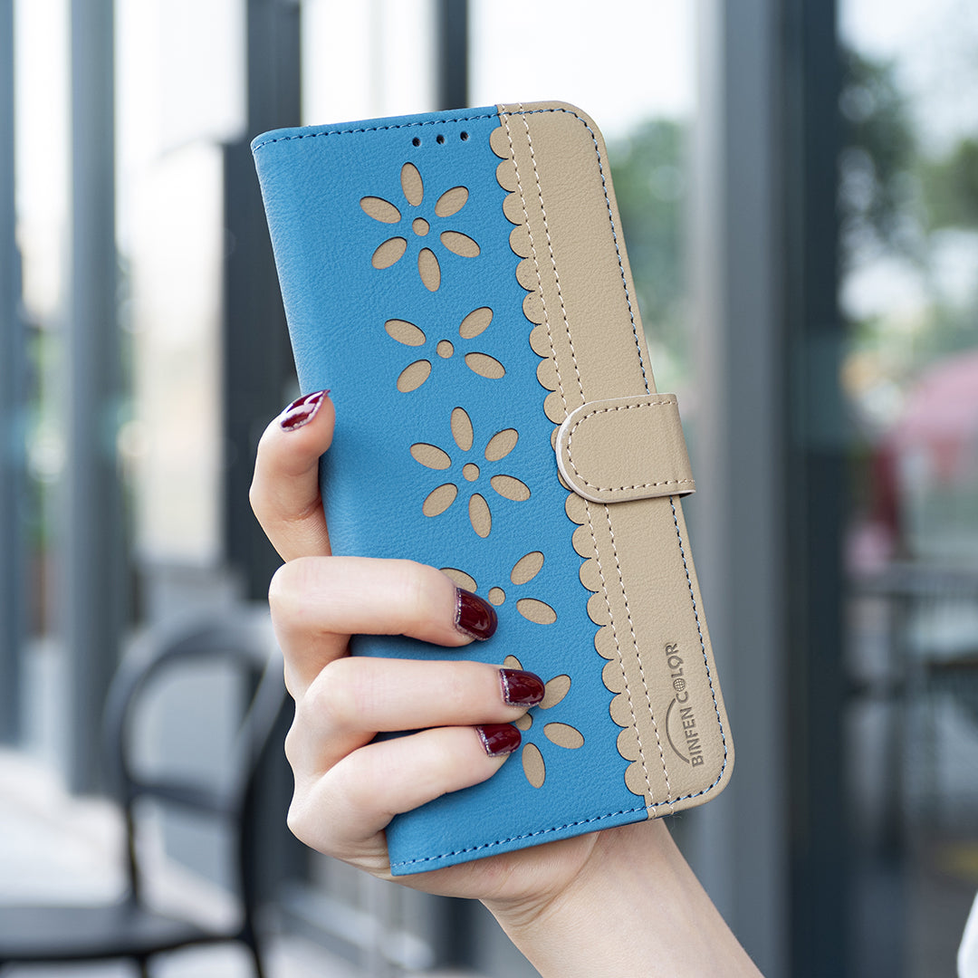For Samsung Galaxy A57 5G Leather Case BINFEN COLOR BF36 Floral Pattern Phone Cover RFID Blocking Wallet Stand - Baby Blue