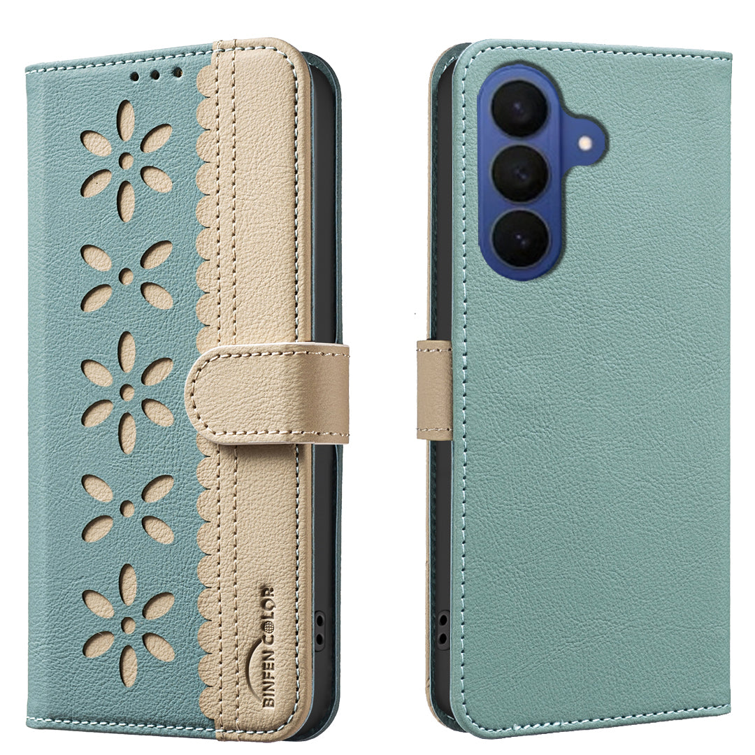 For Samsung Galaxy A57 5G Leather Case BINFEN COLOR BF36 Floral Pattern Phone Cover RFID Blocking Wallet Stand - Green