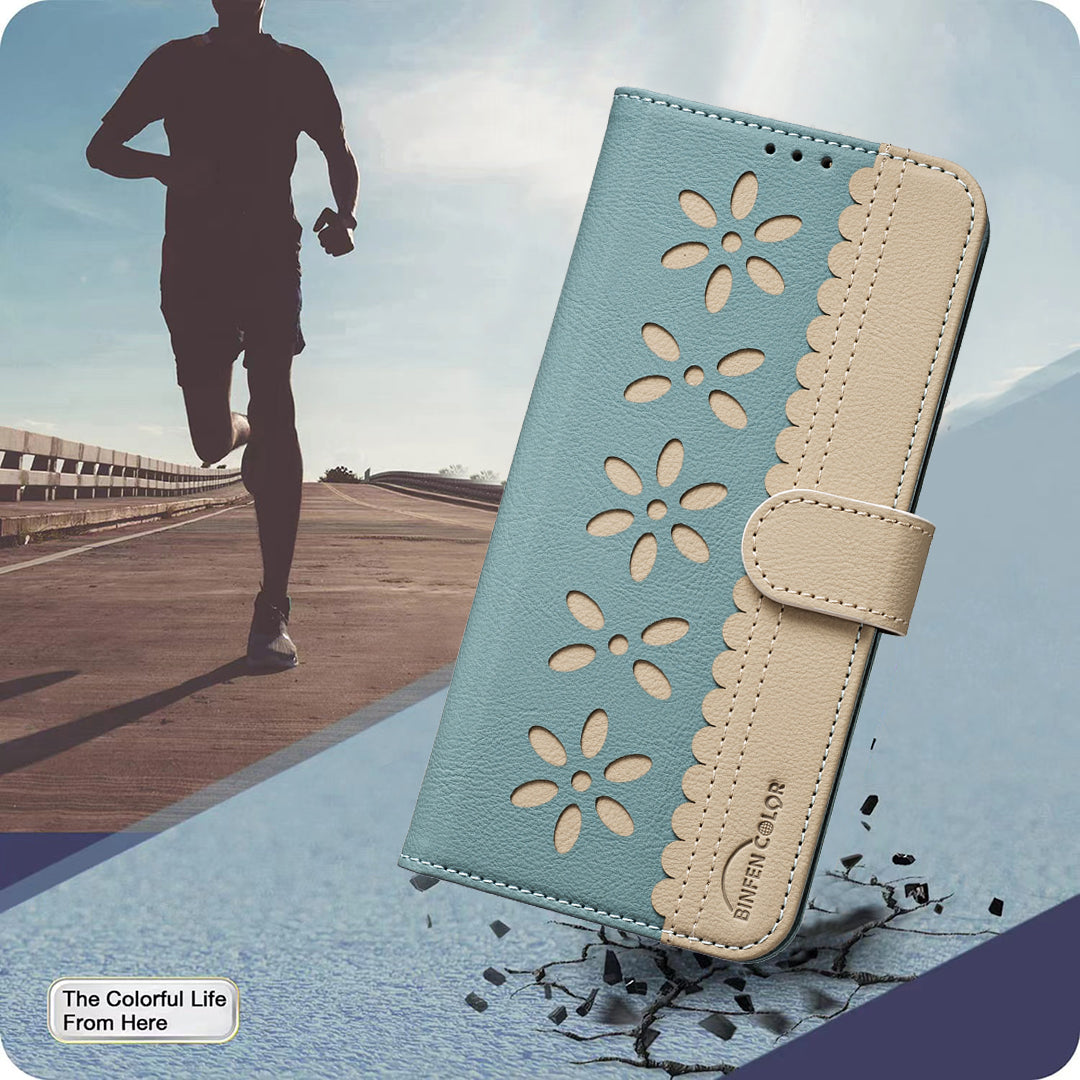 For Samsung Galaxy A57 5G Leather Case BINFEN COLOR BF36 Floral Pattern Phone Cover RFID Blocking Wallet Stand - Green