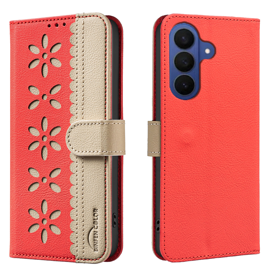 For Samsung Galaxy A57 5G Leather Case BINFEN COLOR BF36 Floral Pattern Phone Cover RFID Blocking Wallet Stand - Red