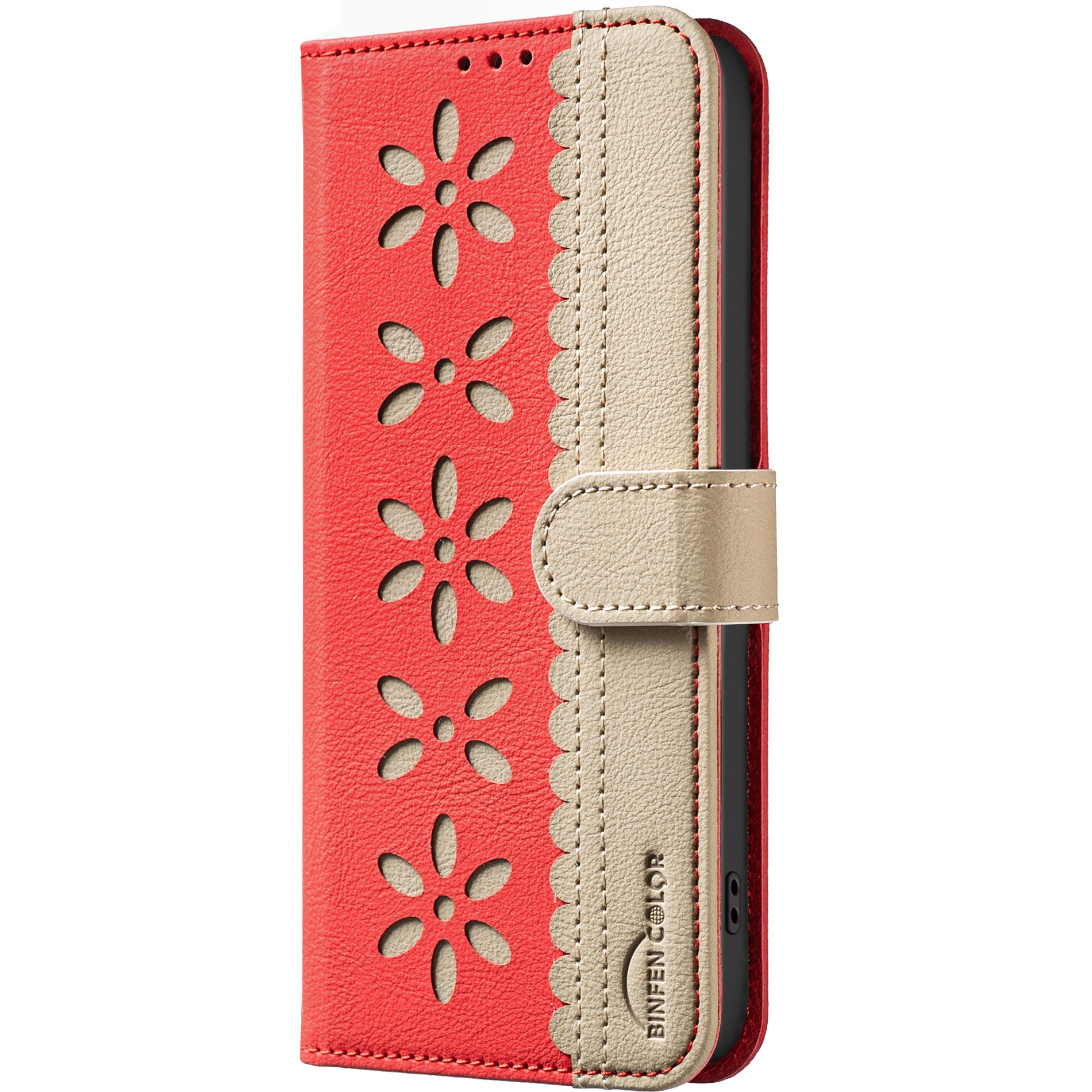 For Samsung Galaxy A57 5G Leather Case BINFEN COLOR BF36 Floral Pattern Phone Cover RFID Blocking Wallet Stand - Red