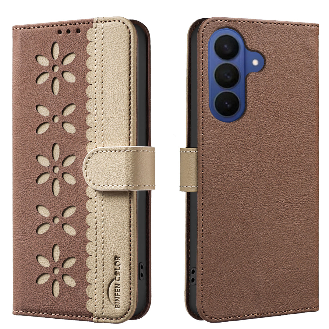 For Samsung Galaxy A57 5G Leather Case BINFEN COLOR BF36 Floral Pattern Phone Cover RFID Blocking Wallet Stand - Brown