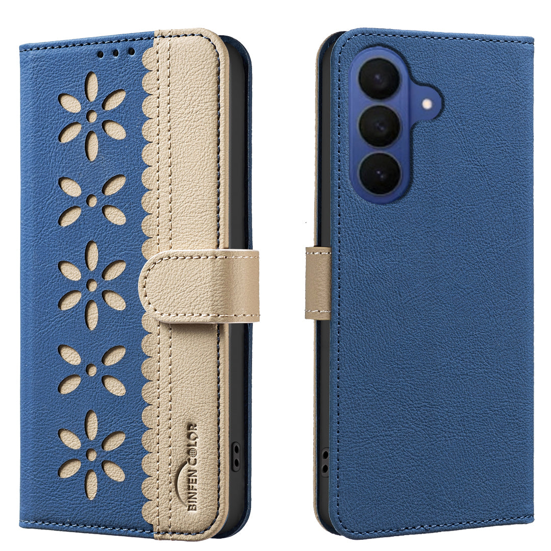 For Samsung Galaxy A57 5G Leather Case BINFEN COLOR BF36 Floral Pattern Phone Cover RFID Blocking Wallet Stand - Dark Blue