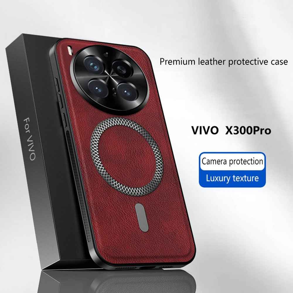 For vivo X300 Pro 5G Magnetic Case PU TPU PC Phone Back Cover with Metal Lens Frame - Wine Red