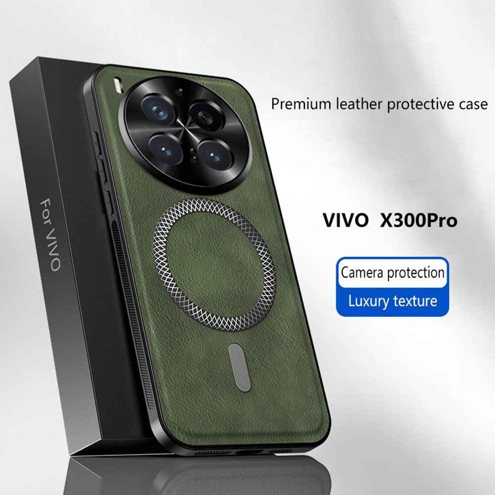 For vivo X300 Pro 5G Magnetic Case PU TPU PC Phone Back Cover with Metal Lens Frame - Green