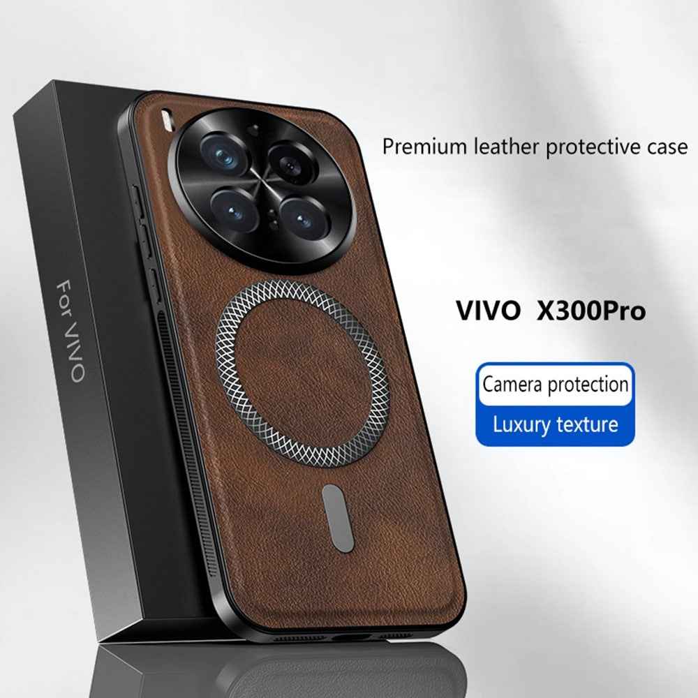 For vivo X300 Pro 5G Magnetic Case PU TPU PC Phone Back Cover with Metal Lens Frame - Brown