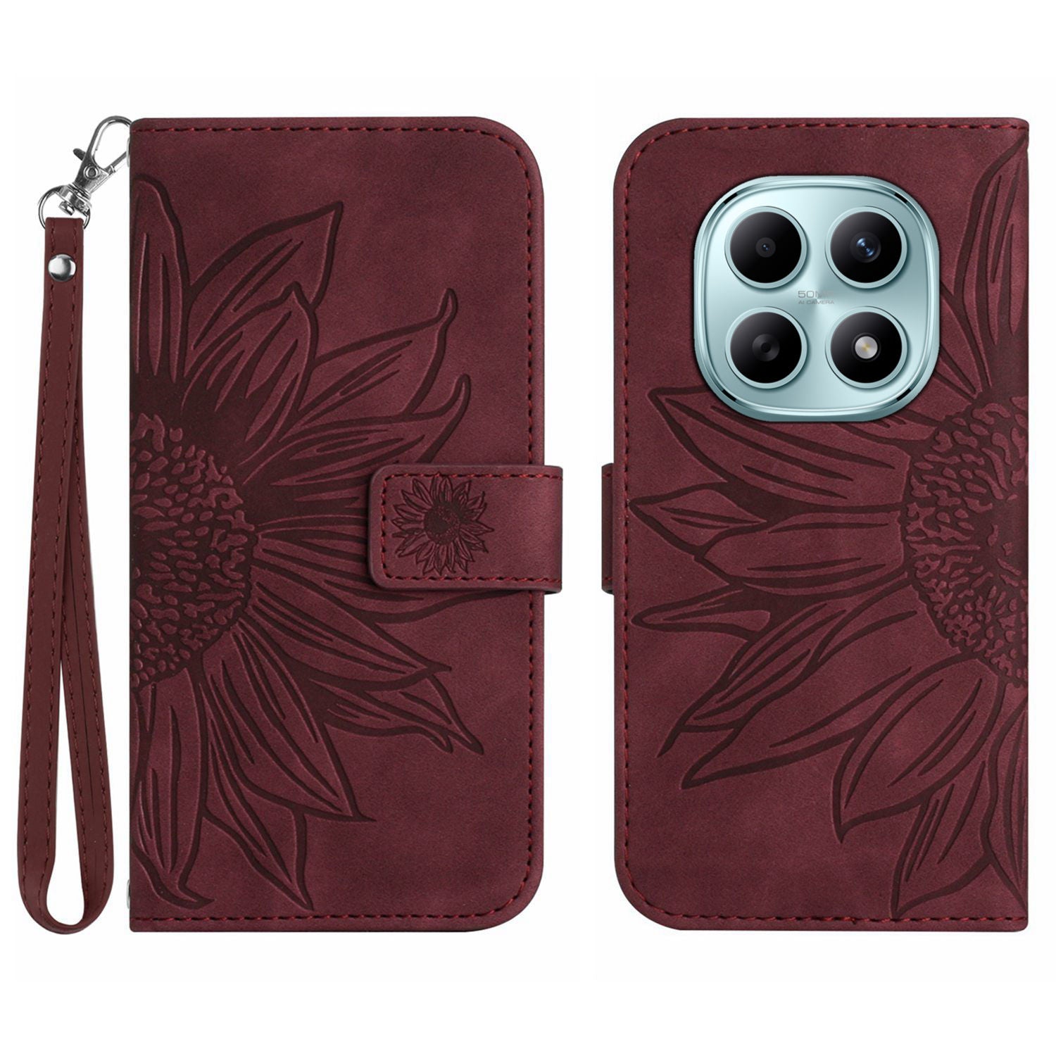 For Xiaomi Redmi Note 15 Pro 4G (Global) Case Sunflower Imprint Leather Wallet Phone Cover with Wrist Strap - Wine Red