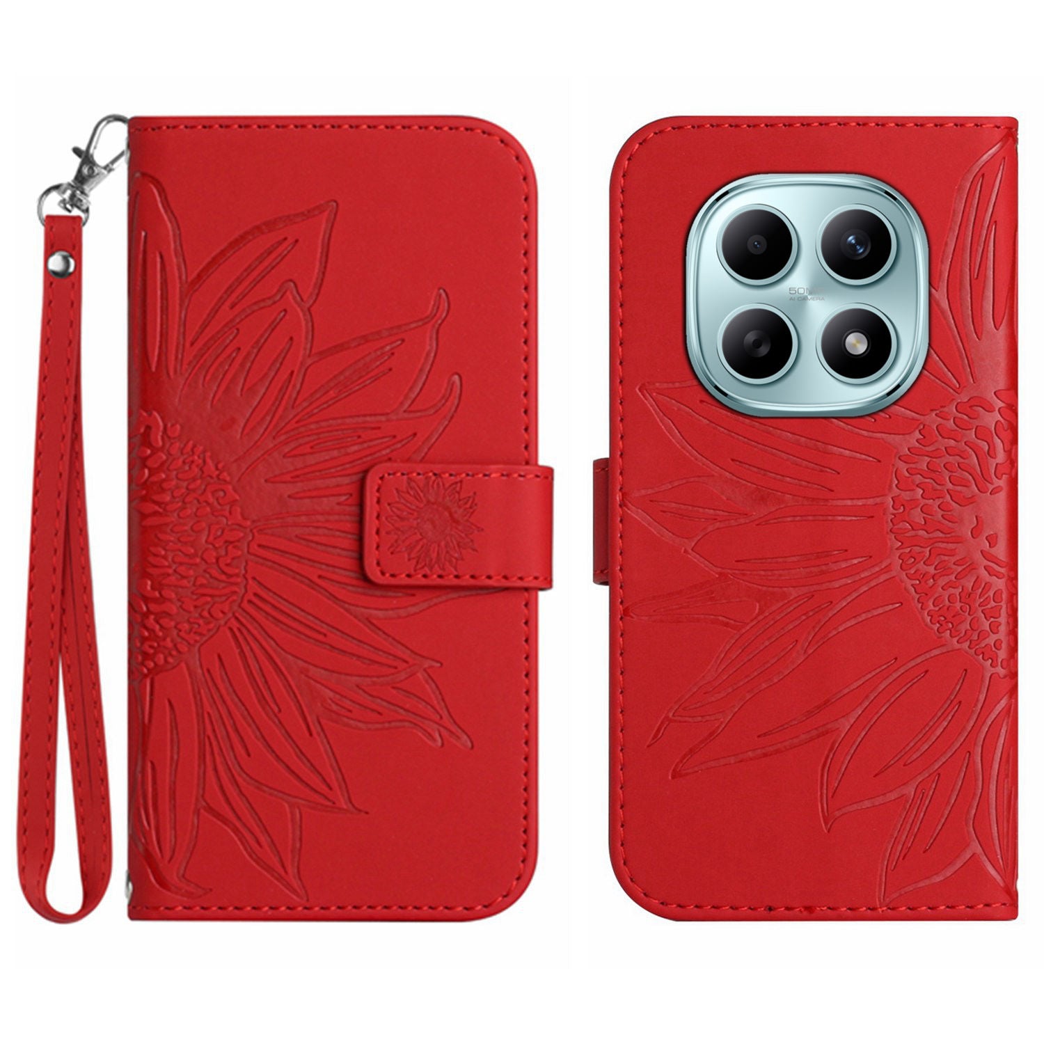 For Xiaomi Redmi Note 15 Pro 4G (Global) Case Sunflower Imprint Leather Wallet Phone Cover with Wrist Strap - Red