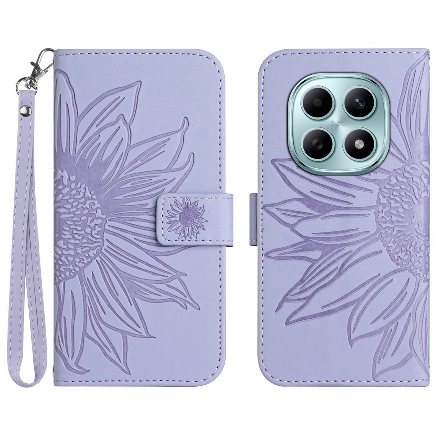For Xiaomi Redmi Note 15 Pro 4G (Global) Case Sunflower Imprint Leather Wallet Phone Cover with Wrist Strap - Light Purple