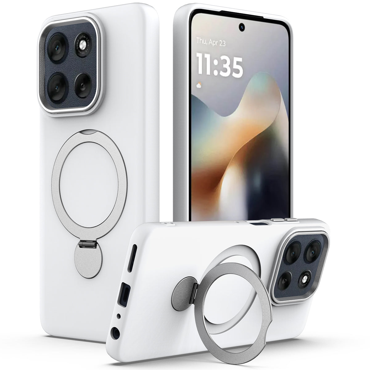 For Motorola Moto G100 Pro 5G / Moto G86 5G Magnetic Case Rotating Ring Kickstand TPU + PC Back Cover - White