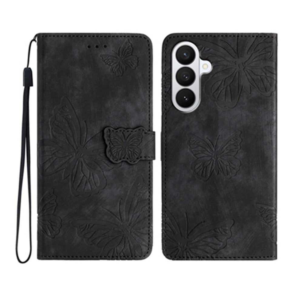 For Samsung Galaxy A57 5G Case Butterfly Design Flip Wallet Leather Phone Cover Skin-Touch - Black