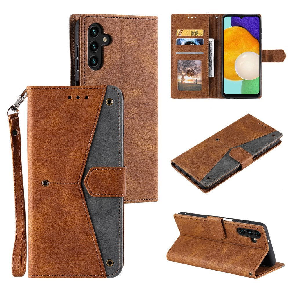 For Samsung Galaxy A57 5G Leather Case Splicing Stitching Wallet Phone Cover with Wrist Strap - Brown