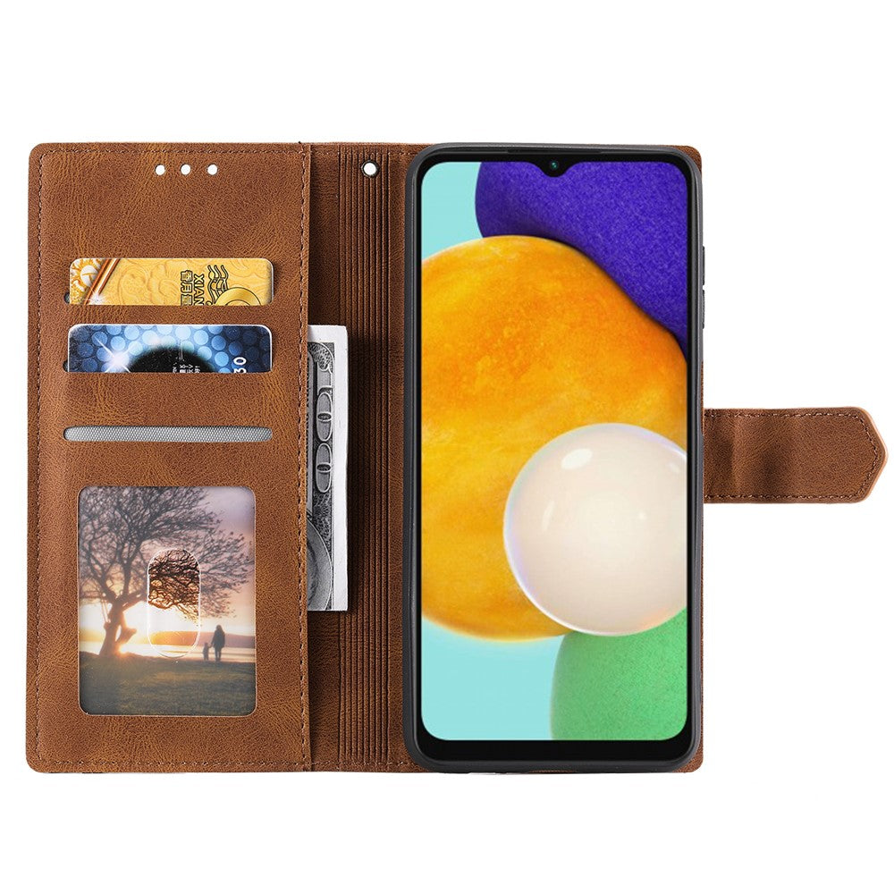 For Samsung Galaxy A57 5G Leather Case Splicing Stitching Wallet Phone Cover with Wrist Strap - Brown