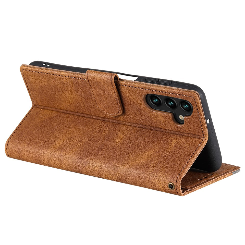 For Samsung Galaxy A57 5G Leather Case Splicing Stitching Wallet Phone Cover with Wrist Strap - Brown