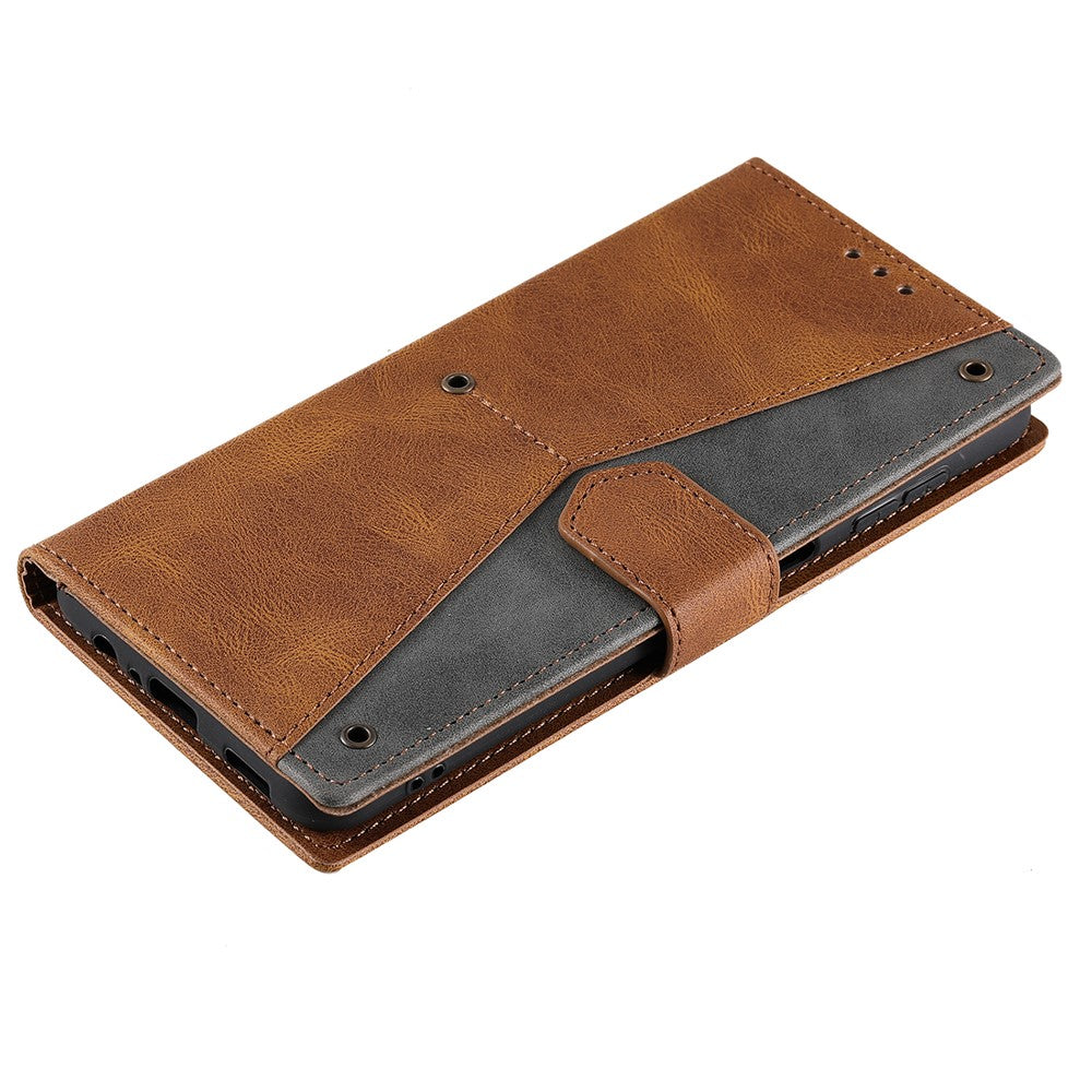 For Samsung Galaxy A57 5G Leather Case Splicing Stitching Wallet Phone Cover with Wrist Strap - Brown
