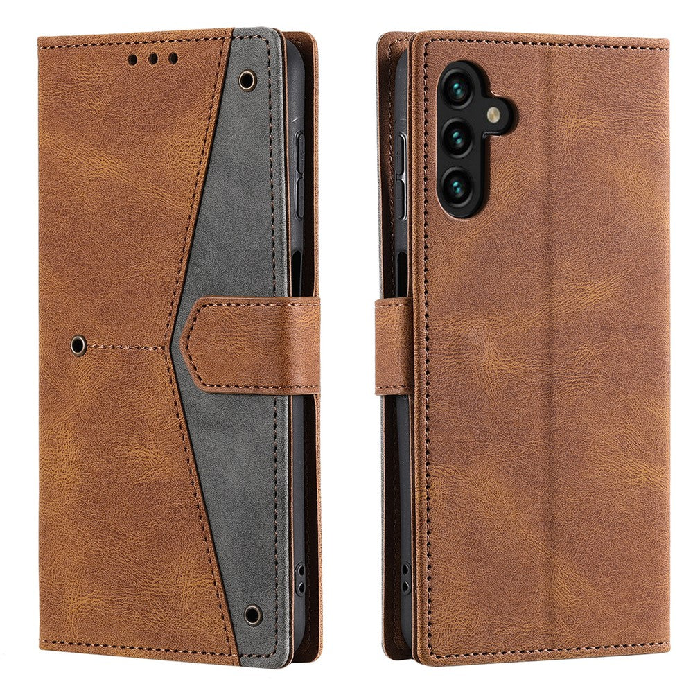 For Samsung Galaxy A57 5G Leather Case Splicing Stitching Wallet Phone Cover with Wrist Strap - Brown