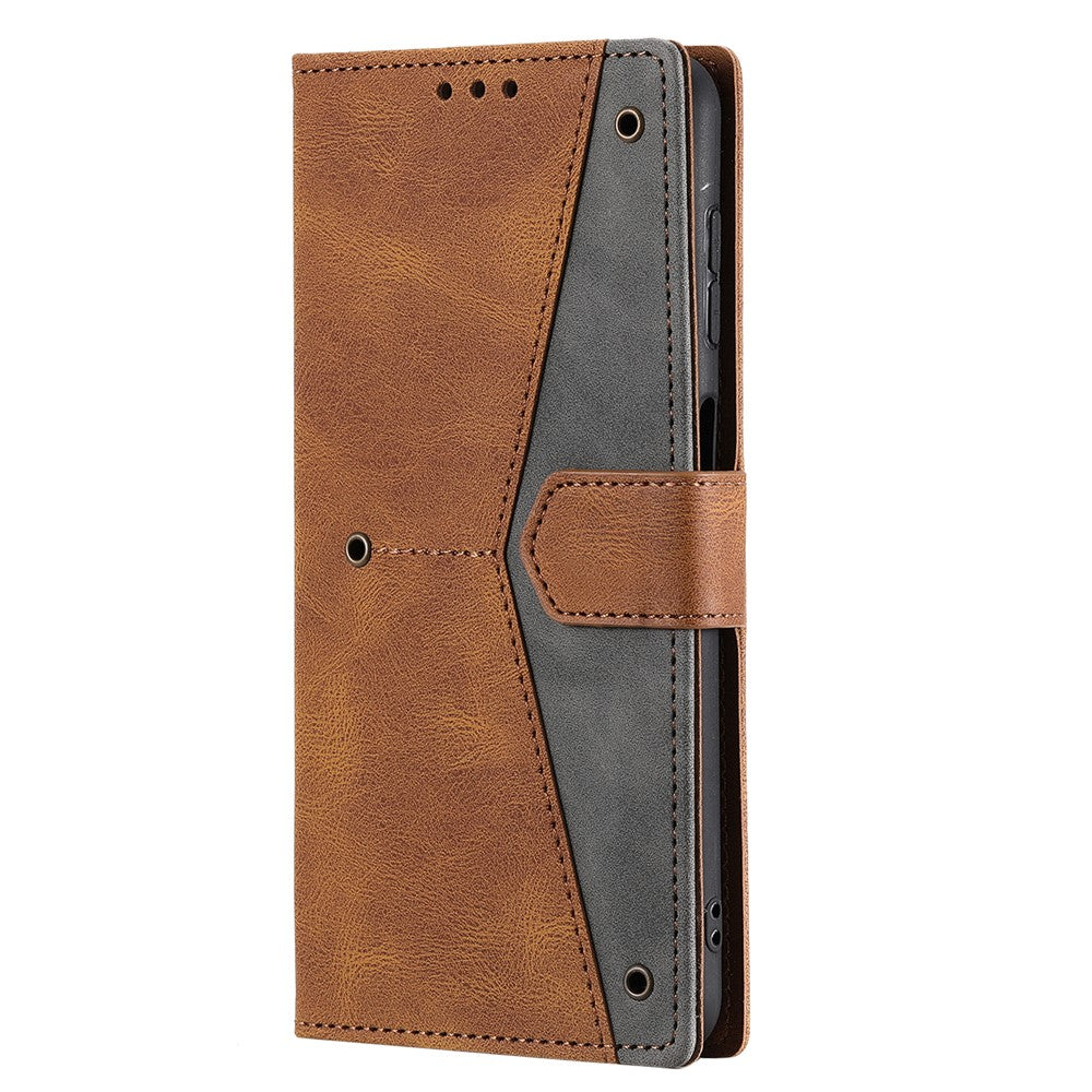 For Samsung Galaxy A57 5G Leather Case Splicing Stitching Wallet Phone Cover with Wrist Strap - Brown