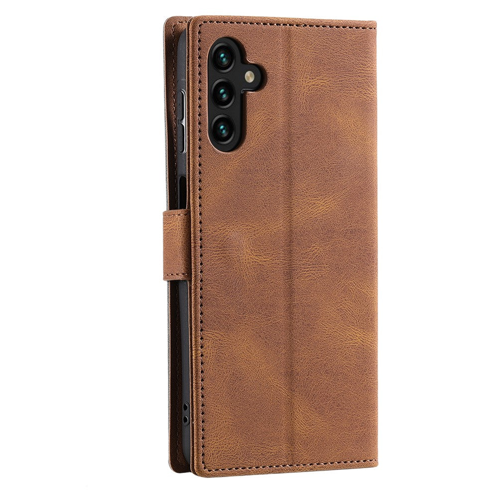 For Samsung Galaxy A57 5G Leather Case Splicing Stitching Wallet Phone Cover with Wrist Strap - Brown