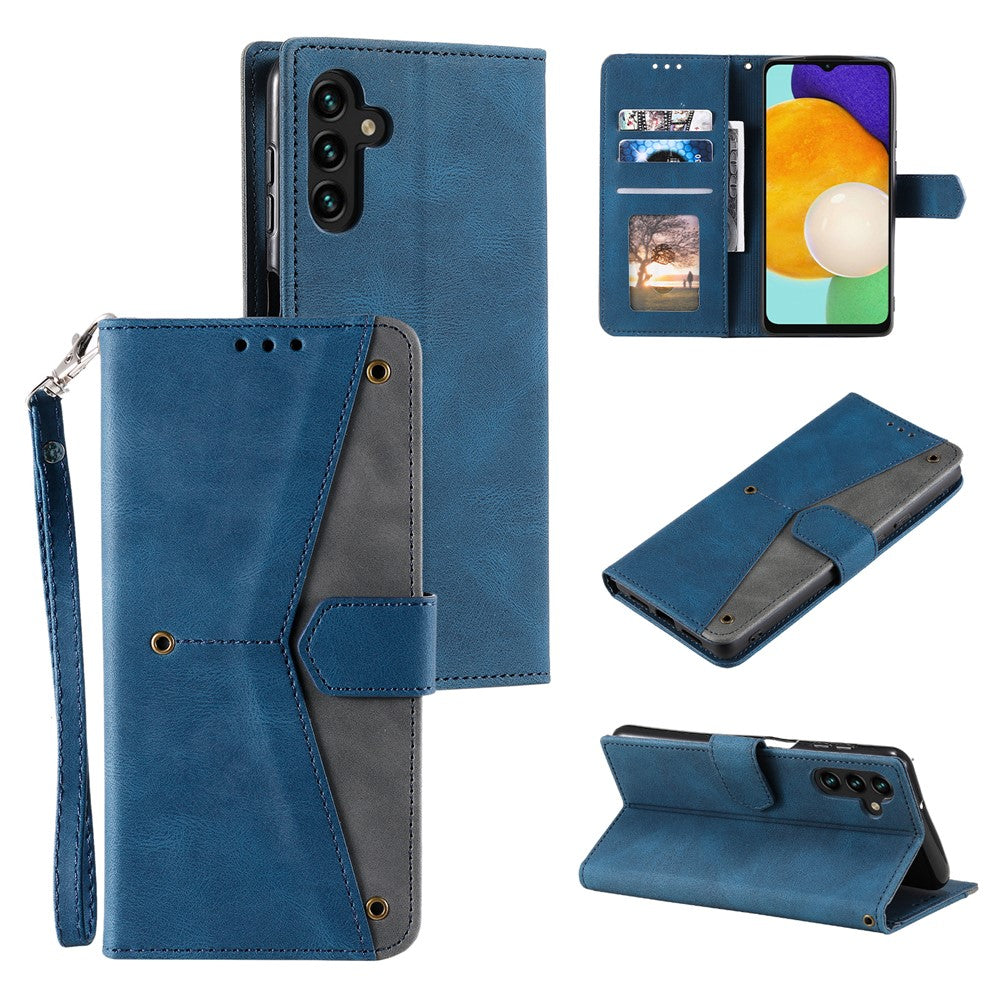 For Samsung Galaxy A57 5G Leather Case Splicing Stitching Wallet Phone Cover with Wrist Strap - Blue