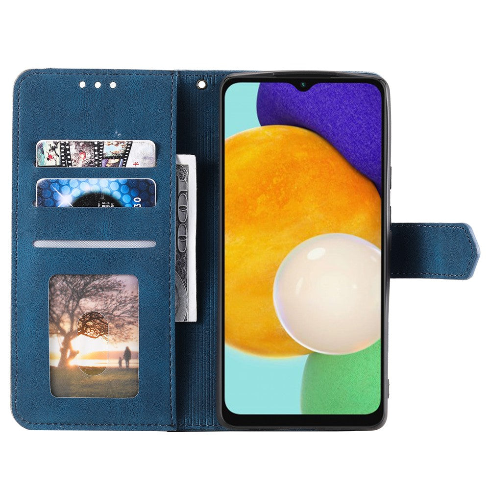 For Samsung Galaxy A57 5G Leather Case Splicing Stitching Wallet Phone Cover with Wrist Strap - Blue