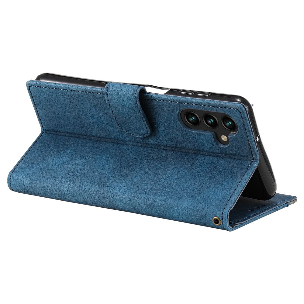 For Samsung Galaxy A57 5G Leather Case Splicing Stitching Wallet Phone Cover with Wrist Strap - Blue