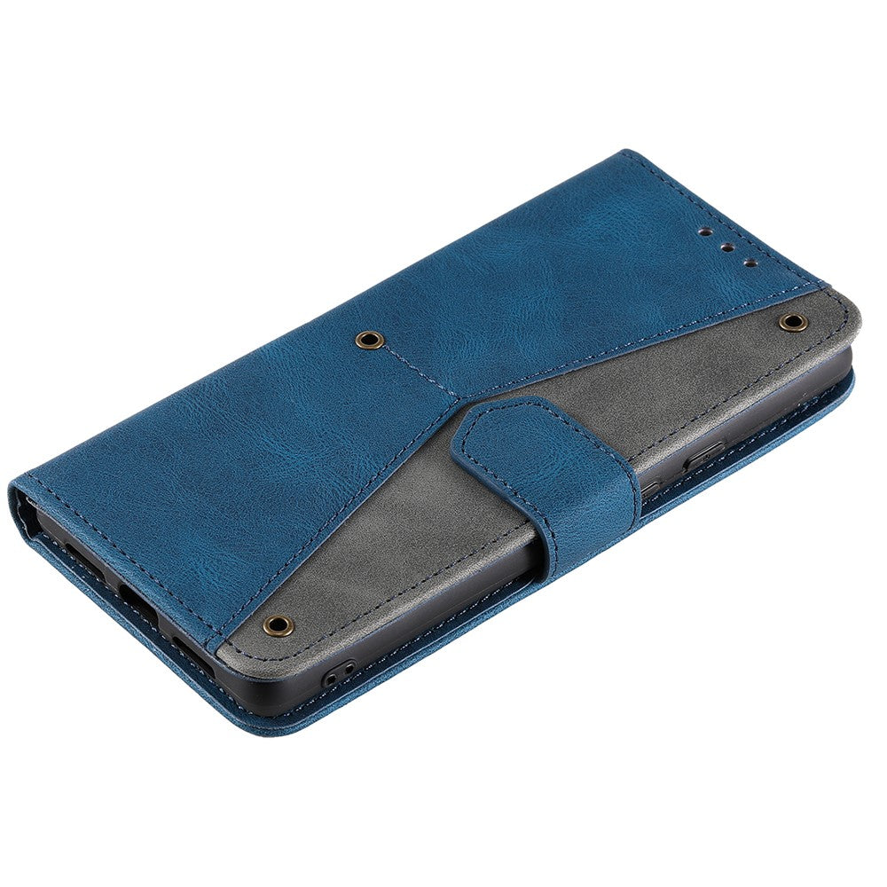For Samsung Galaxy A57 5G Leather Case Splicing Stitching Wallet Phone Cover with Wrist Strap - Blue
