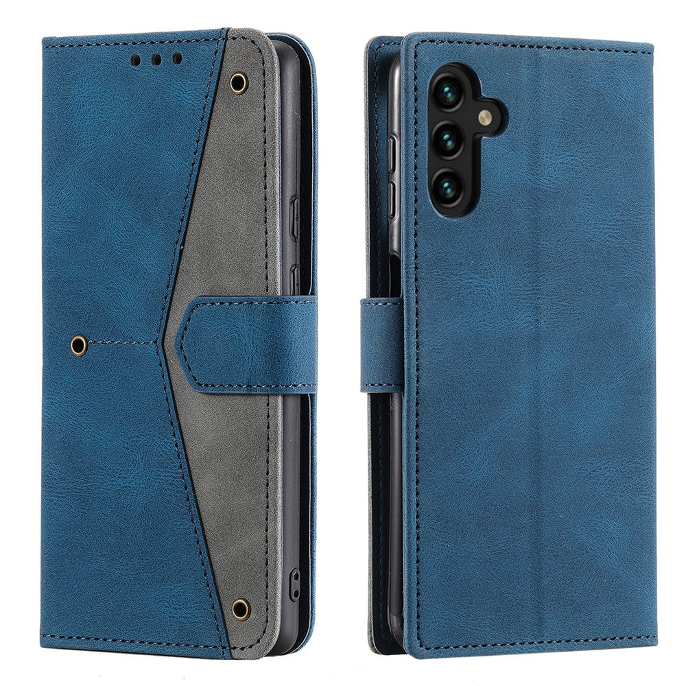 For Samsung Galaxy A57 5G Leather Case Splicing Stitching Wallet Phone Cover with Wrist Strap - Blue