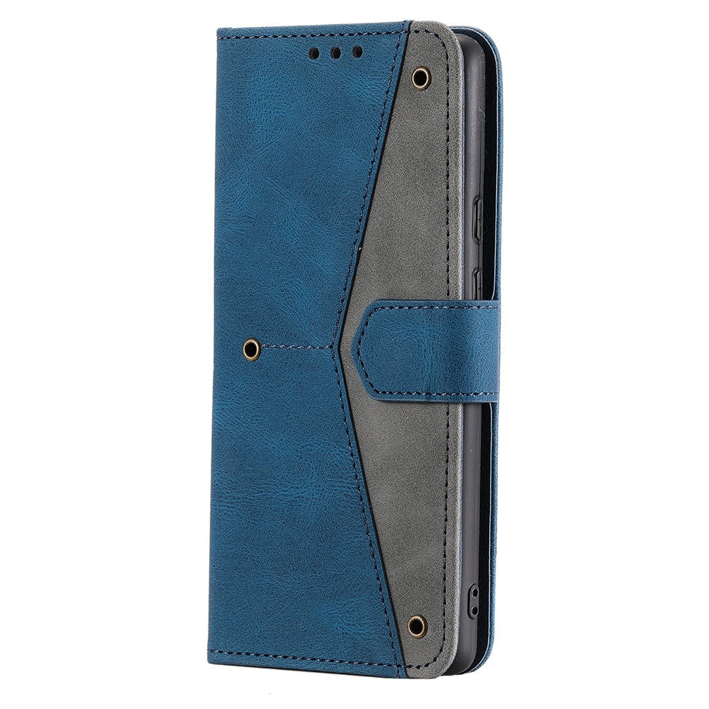 For Samsung Galaxy A57 5G Leather Case Splicing Stitching Wallet Phone Cover with Wrist Strap - Blue