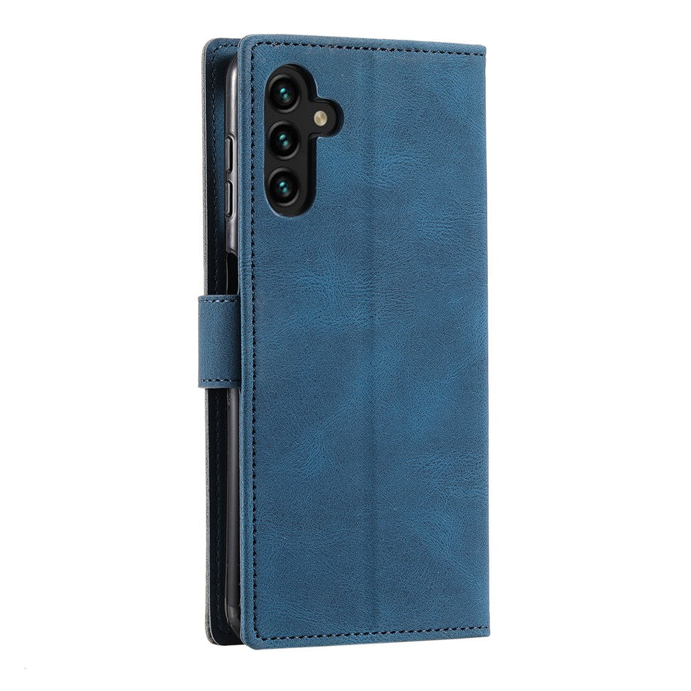 For Samsung Galaxy A57 5G Leather Case Splicing Stitching Wallet Phone Cover with Wrist Strap - Blue