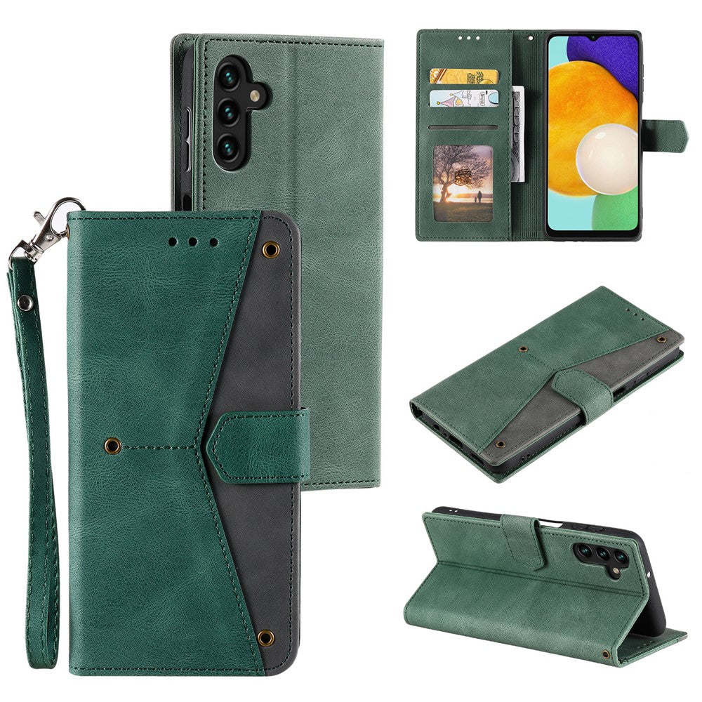 For Samsung Galaxy A57 5G Leather Case Splicing Stitching Wallet Phone Cover with Wrist Strap - Green
