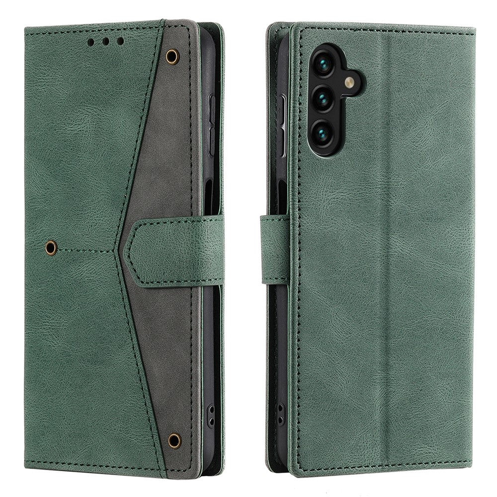 For Samsung Galaxy A57 5G Leather Case Splicing Stitching Wallet Phone Cover with Wrist Strap - Green