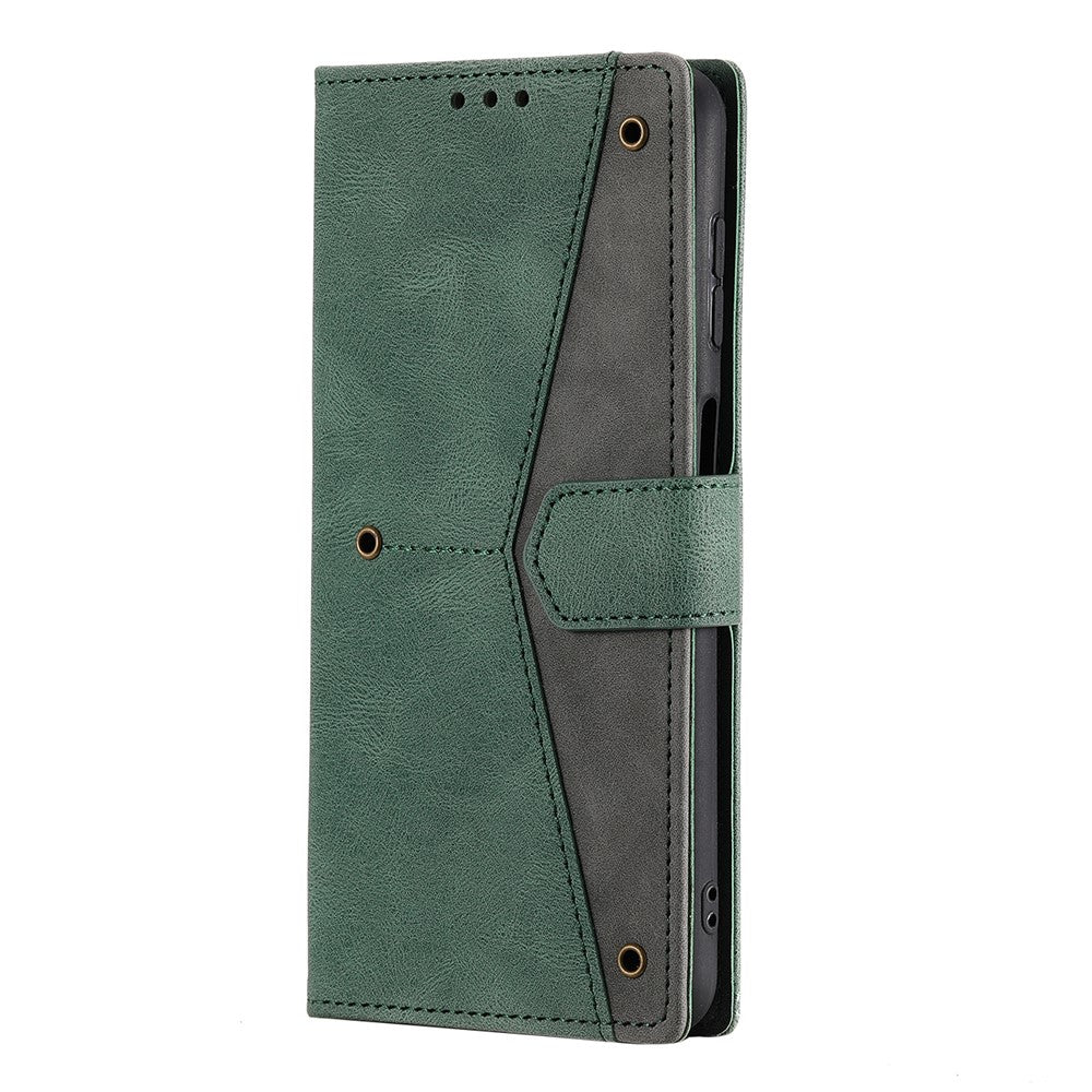 For Samsung Galaxy A57 5G Leather Case Splicing Stitching Wallet Phone Cover with Wrist Strap - Green