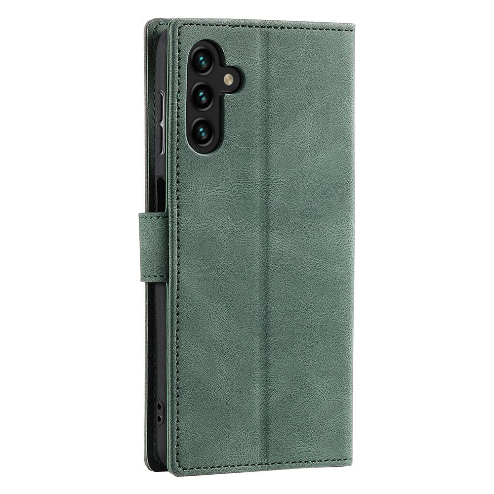 For Samsung Galaxy A57 5G Leather Case Splicing Stitching Wallet Phone Cover with Wrist Strap - Green