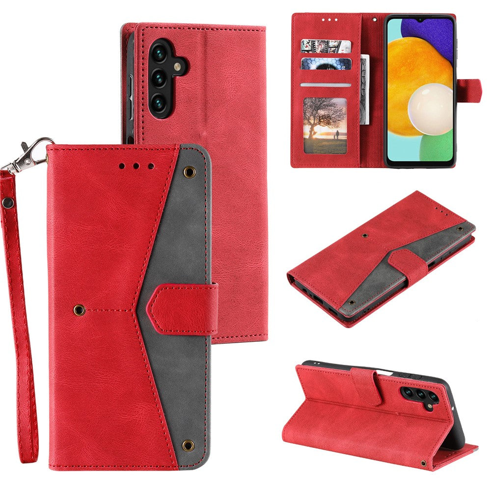For Samsung Galaxy A57 5G Leather Case Splicing Stitching Wallet Phone Cover with Wrist Strap - Red