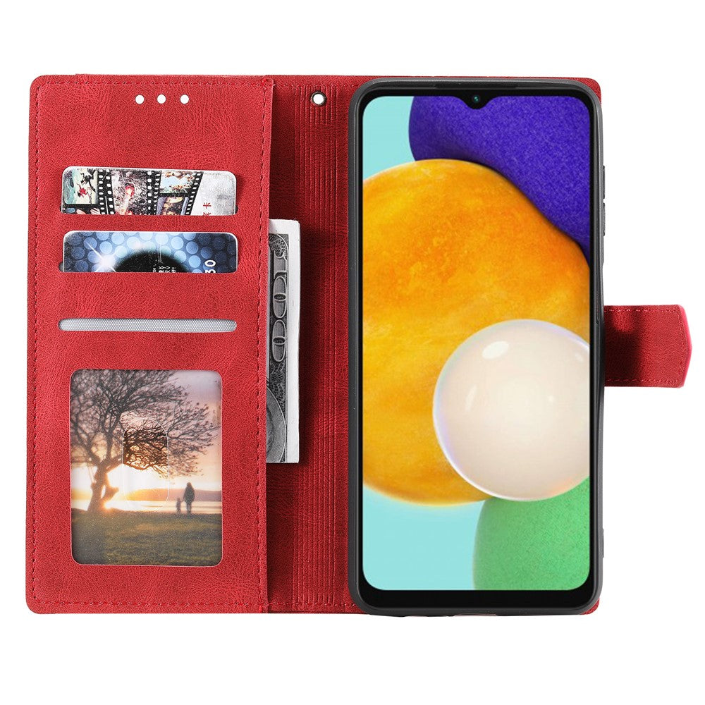 For Samsung Galaxy A57 5G Leather Case Splicing Stitching Wallet Phone Cover with Wrist Strap - Red