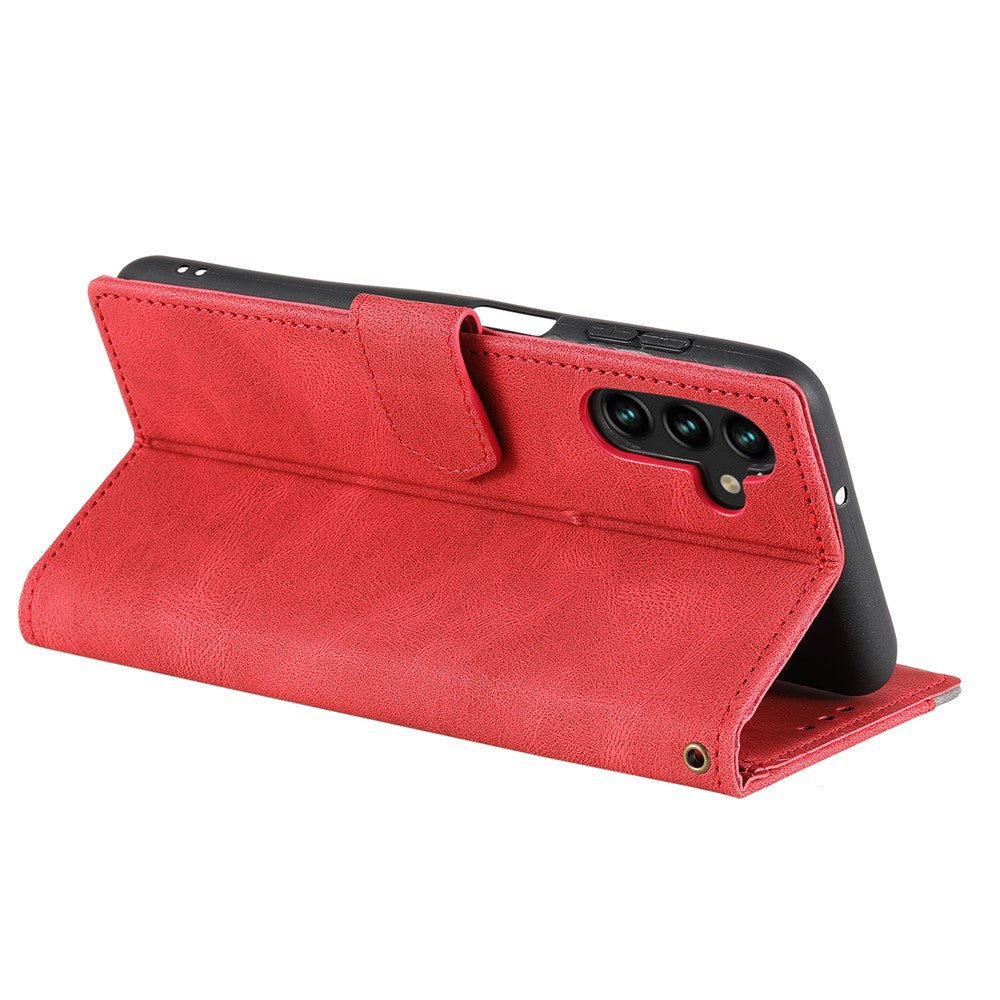 For Samsung Galaxy A57 5G Leather Case Splicing Stitching Wallet Phone Cover with Wrist Strap - Red